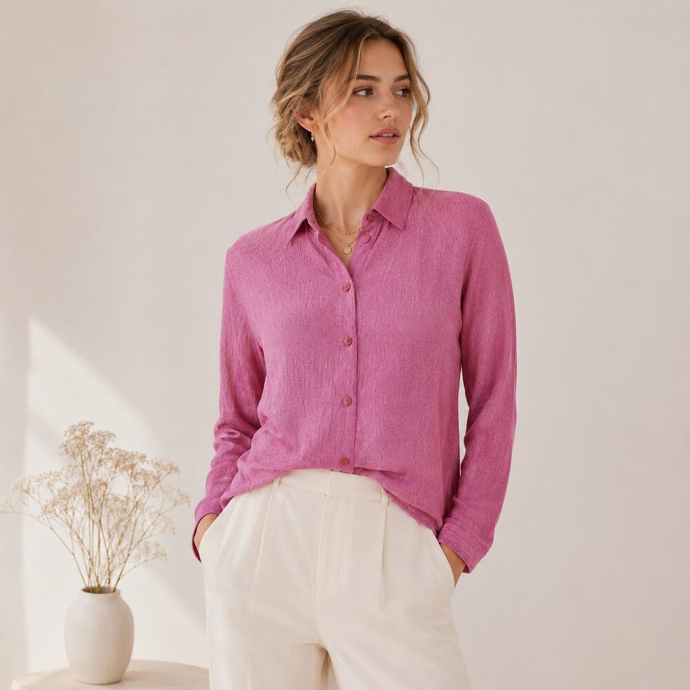 Eileen Fisher Organic Cotton Button Up Long Sleeve Shirt Women Size PP Red/White